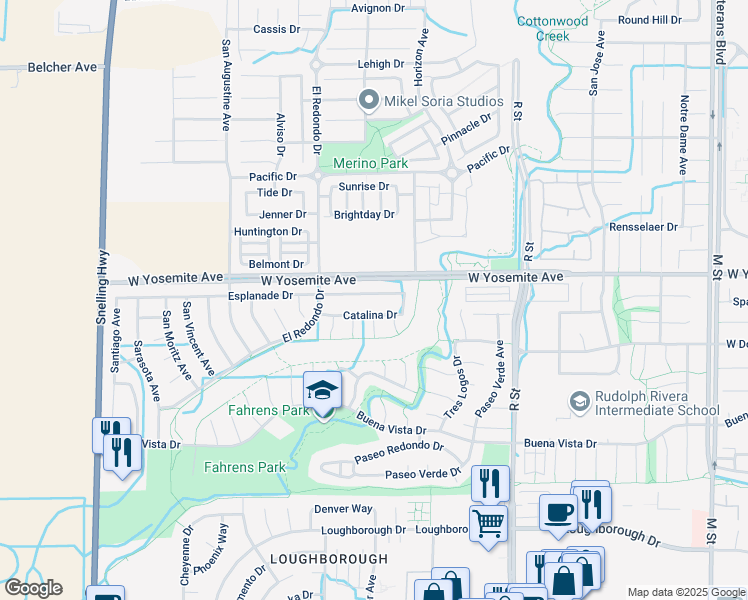 map of restaurants, bars, coffee shops, grocery stores, and more near 1244 Esplanade Drive in Merced