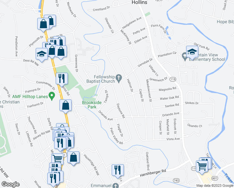 map of restaurants, bars, coffee shops, grocery stores, and more near 5643 Daytona Road in Hollins