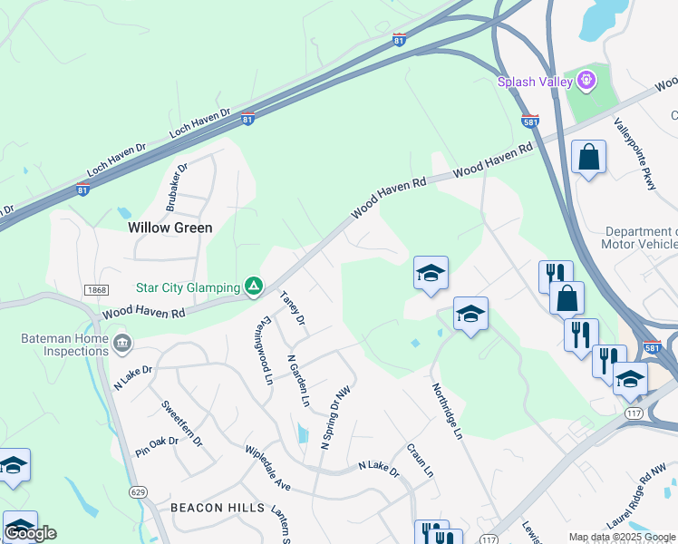 map of restaurants, bars, coffee shops, grocery stores, and more near 7924 Lanasey Drive in Roanoke