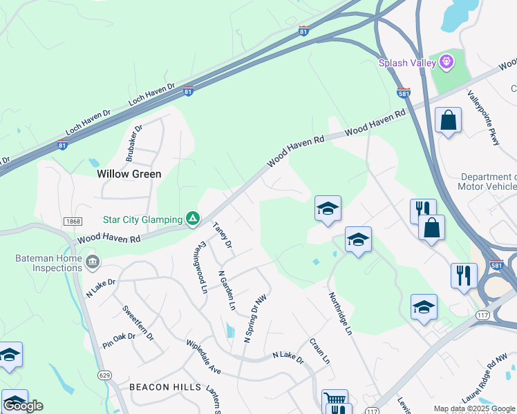 map of restaurants, bars, coffee shops, grocery stores, and more near 7924 Lanasey Drive in Roanoke