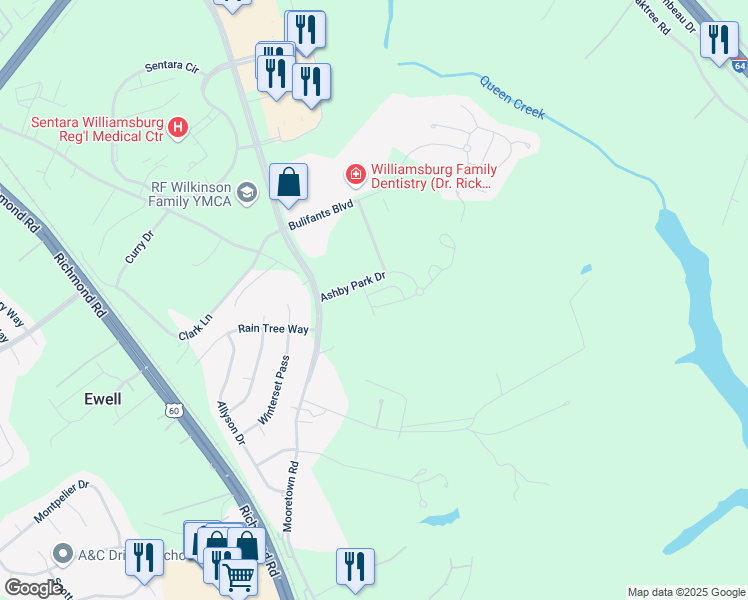 map of restaurants, bars, coffee shops, grocery stores, and more near 200 Ashby Park Drive in Williamsburg