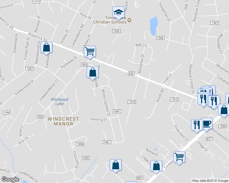 map of restaurants, bars, coffee shops, grocery stores, and more near 174 Willow Oak Terrace in Forest