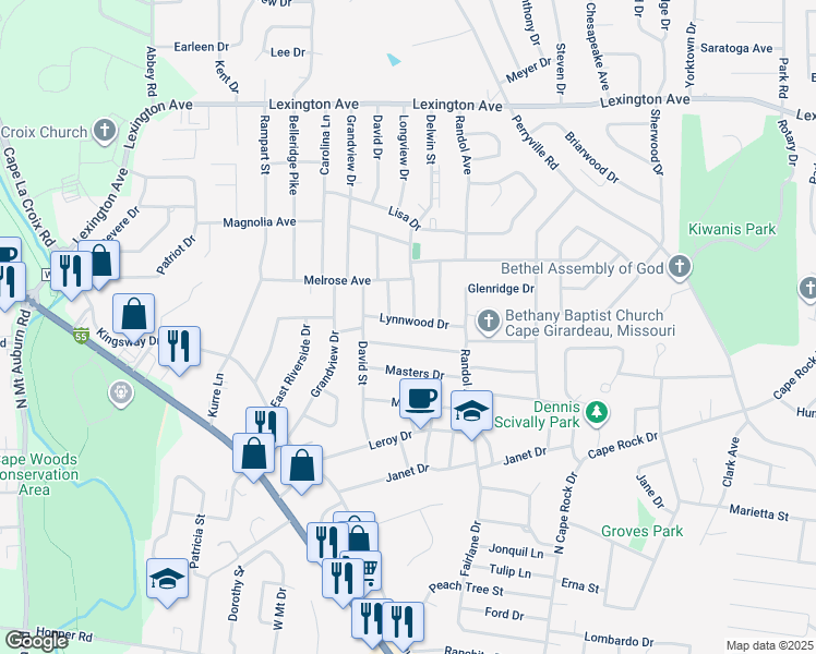 map of restaurants, bars, coffee shops, grocery stores, and more near 2539 Lynnwood Drive in Cape Girardeau