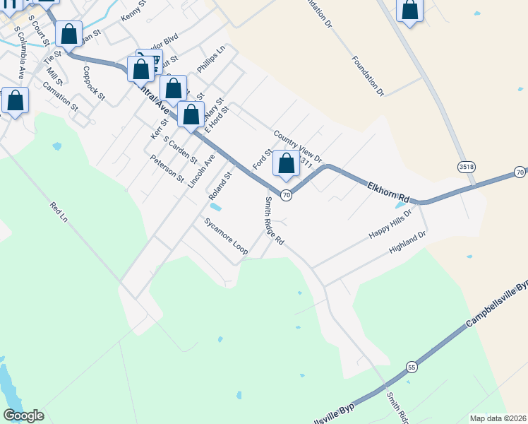 map of restaurants, bars, coffee shops, grocery stores, and more near 21-69 Smith Ridge Road in Campbellsville
