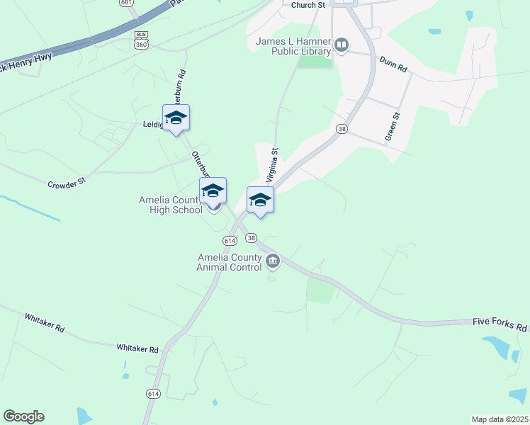 map of restaurants, bars, coffee shops, grocery stores, and more near 8533 North 5 Forks Road in Amelia Court House