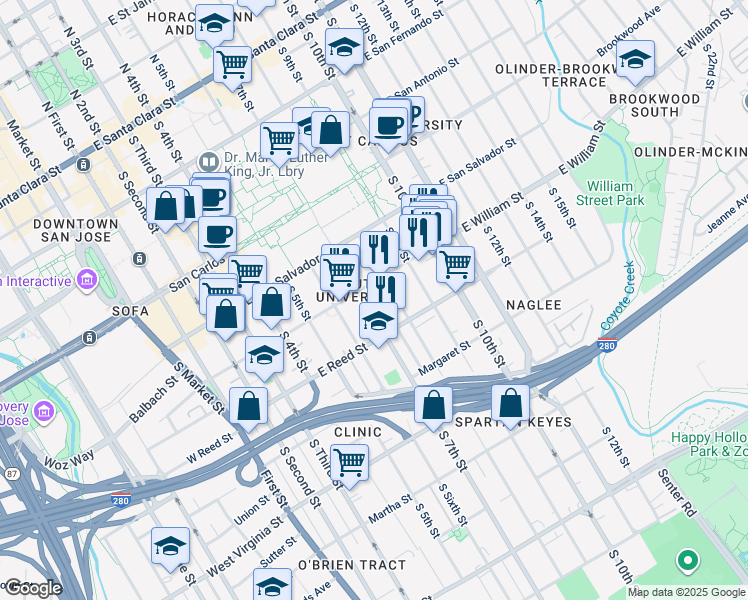 map of restaurants, bars, coffee shops, grocery stores, and more near 325 East William Street in San Jose