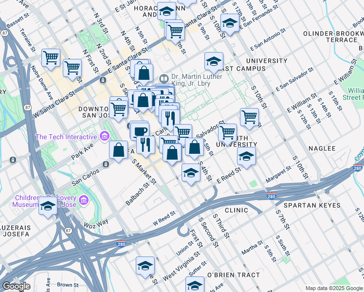 map of restaurants, bars, coffee shops, grocery stores, and more near 345 South 4th Street in San Jose