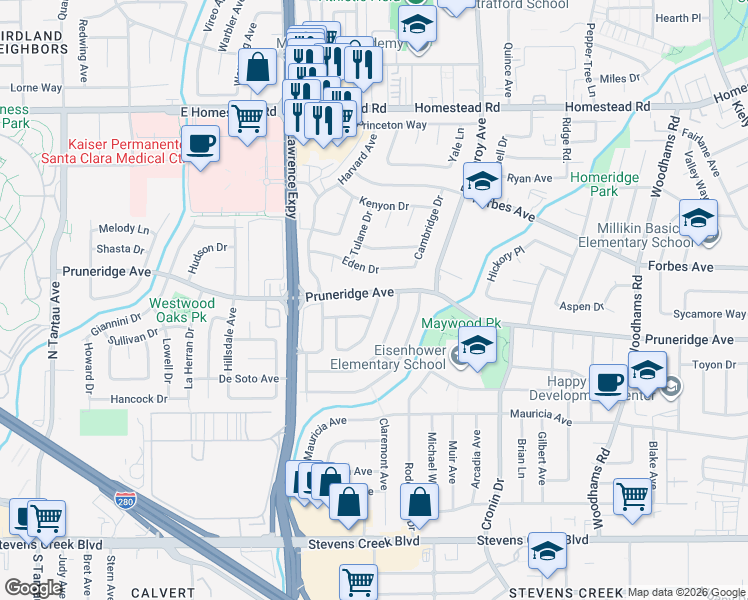 map of restaurants, bars, coffee shops, grocery stores, and more near 3470 Eden Drive in Santa Clara