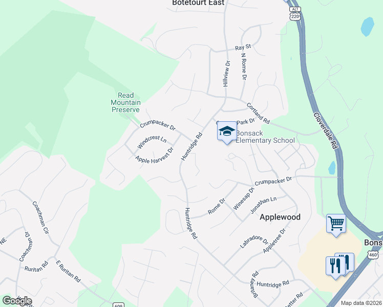 map of restaurants, bars, coffee shops, grocery stores, and more near 5722 Huntridge Road in Roanoke