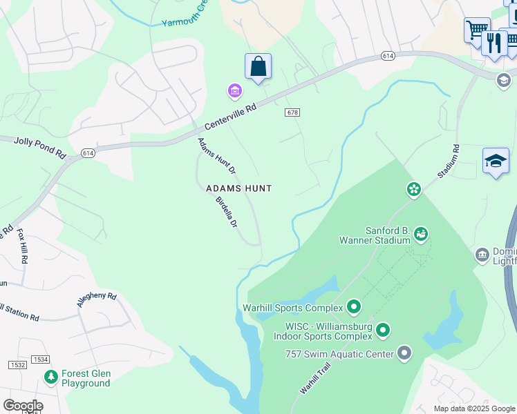 map of restaurants, bars, coffee shops, grocery stores, and more near 6265 Adams Hunt Drive in Williamsburg