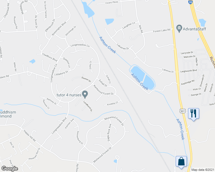 map of restaurants, bars, coffee shops, grocery stores, and more near 13837 Exhall Drive in Chester