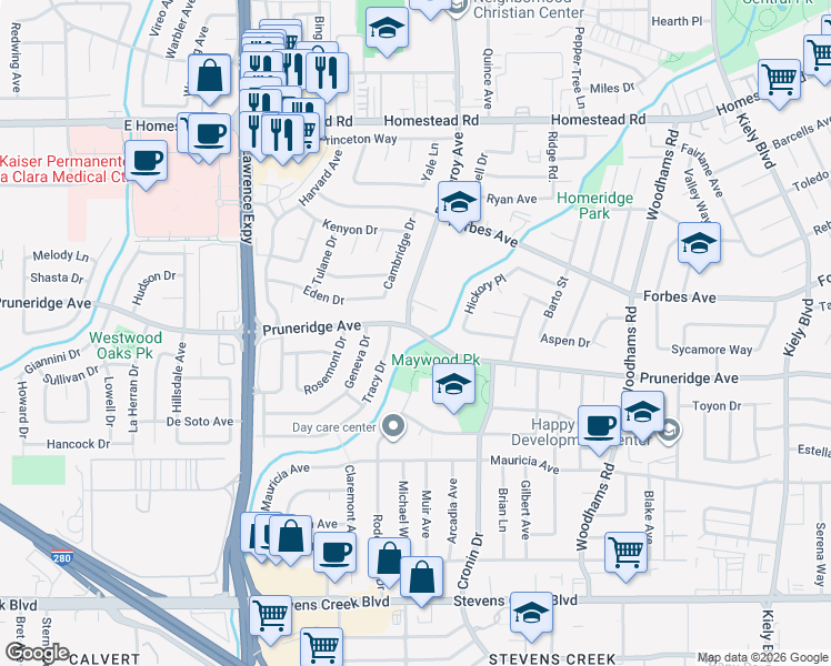 map of restaurants, bars, coffee shops, grocery stores, and more near 575 Pomeroy Avenue in Santa Clara