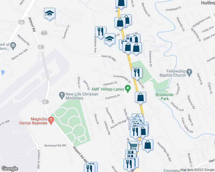 map of restaurants, bars, coffee shops, grocery stores, and more near 808 Palmyra Drive in Roanoke