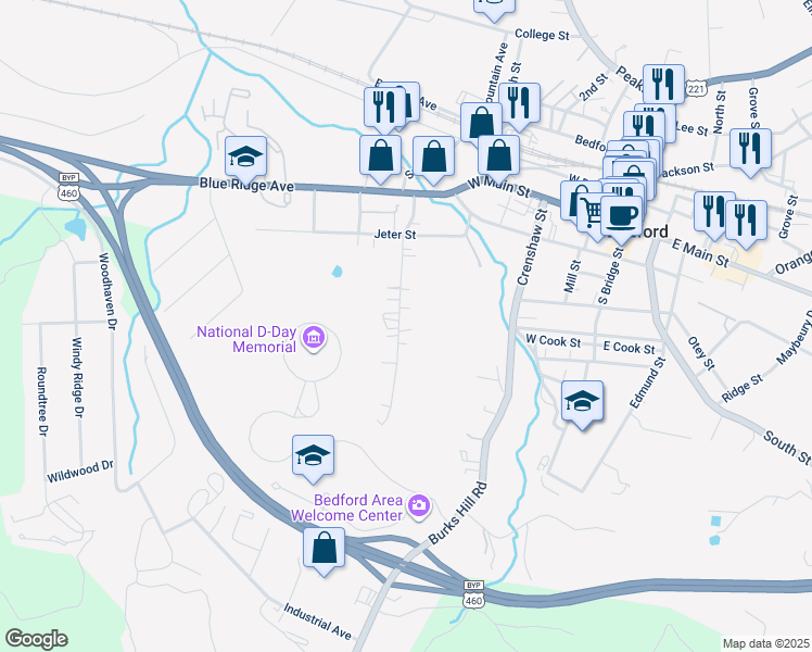 map of restaurants, bars, coffee shops, grocery stores, and more near 717 Vine Street in Bedford