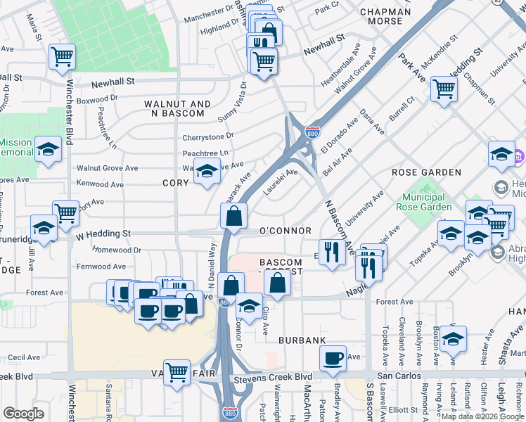 map of restaurants, bars, coffee shops, grocery stores, and more near 2141 Bel Air Avenue in San Jose
