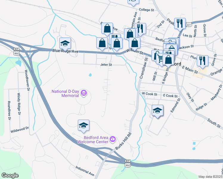 map of restaurants, bars, coffee shops, grocery stores, and more near 717 Vine Street in Bedford
