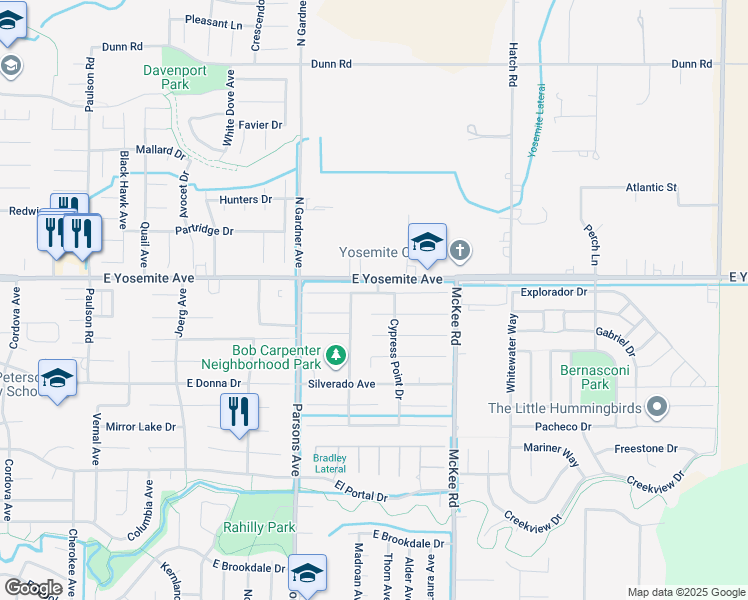 map of restaurants, bars, coffee shops, grocery stores, and more near 1972 Pebble Beach Drive in Merced