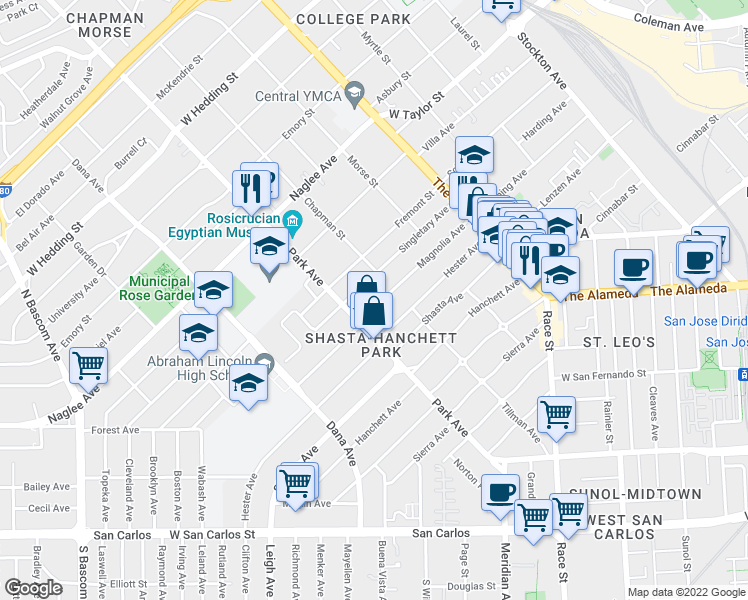 map of restaurants, bars, coffee shops, grocery stores, and more near 1351 Magnolia Avenue in San Jose