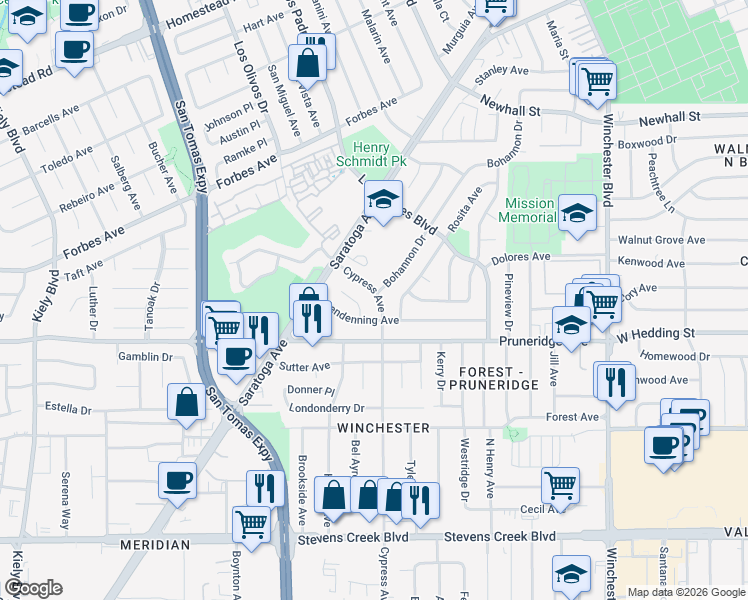 map of restaurants, bars, coffee shops, grocery stores, and more near 376 Cypress Avenue in Santa Clara