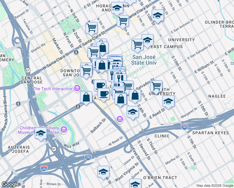 map of restaurants, bars, coffee shops, grocery stores, and more near 350 South 2nd Street in San Jose