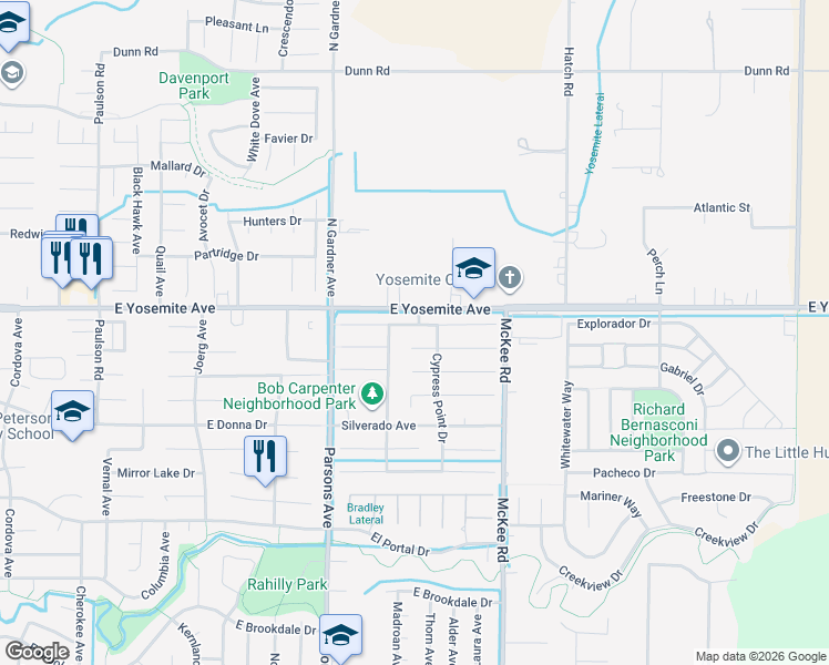 map of restaurants, bars, coffee shops, grocery stores, and more near 1972 Pebble Beach Drive in Merced