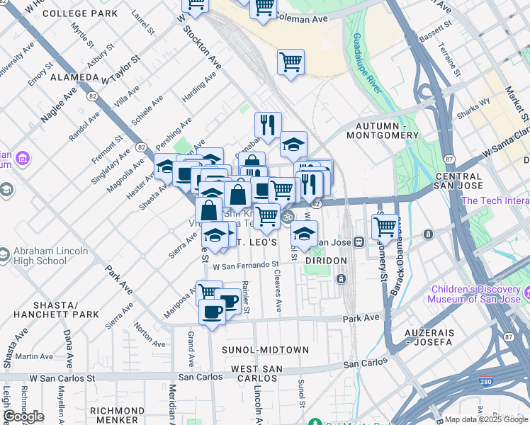 map of restaurants, bars, coffee shops, grocery stores, and more near 950 The Alameda in San Jose
