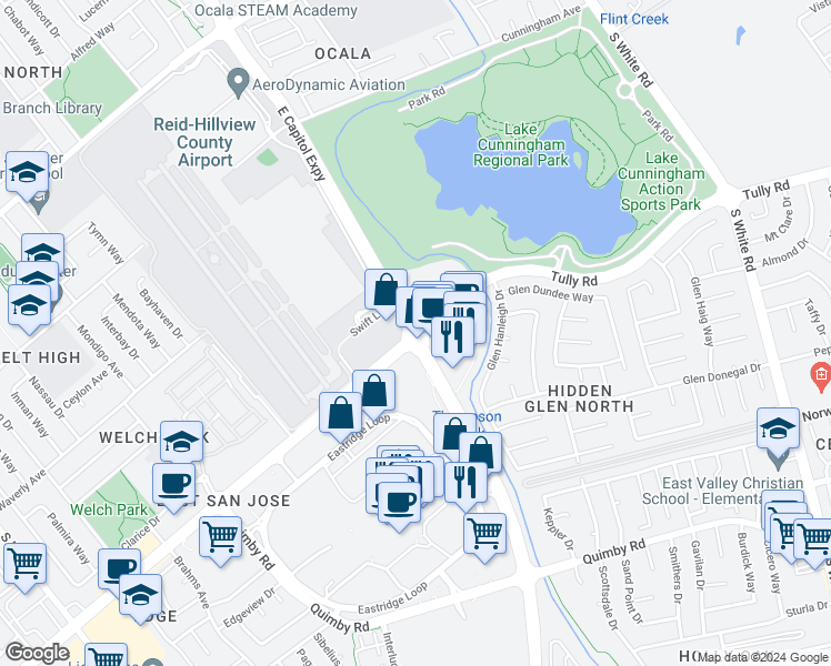 map of restaurants, bars, coffee shops, grocery stores, and more near E Capitol Expy & Tully Rd in San Jose