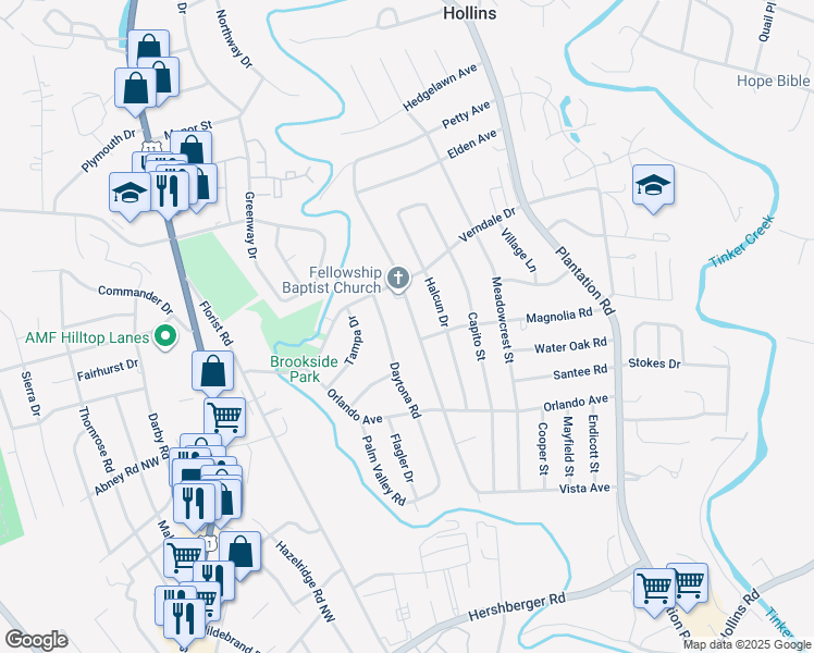 map of restaurants, bars, coffee shops, grocery stores, and more near 5612 Oakland Boulevard in Roanoke