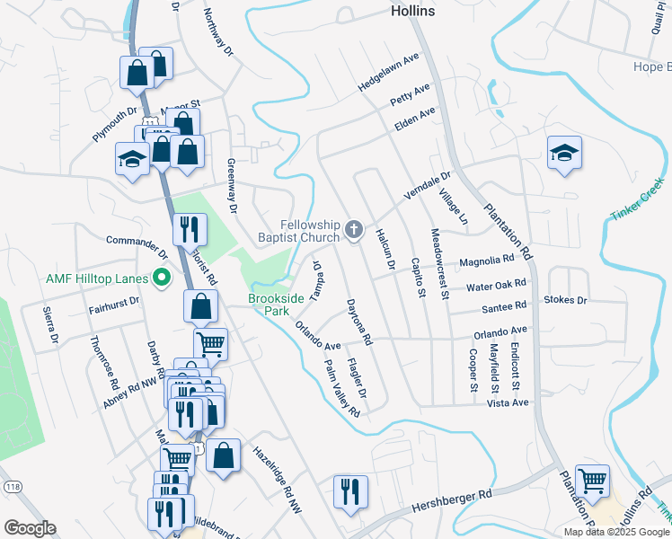 map of restaurants, bars, coffee shops, grocery stores, and more near 5650 Daytona Road in Hollins