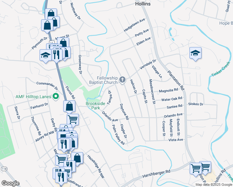map of restaurants, bars, coffee shops, grocery stores, and more near 5650 Daytona Road in Hollins