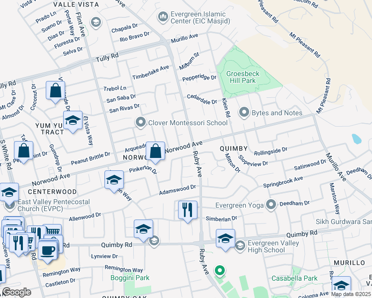 map of restaurants, bars, coffee shops, grocery stores, and more near 3391 Norwood Avenue in San Jose