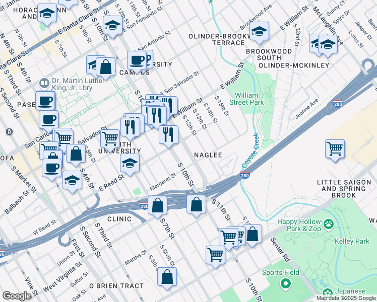 map of restaurants, bars, coffee shops, grocery stores, and more near 621 South 12th Street in San Jose