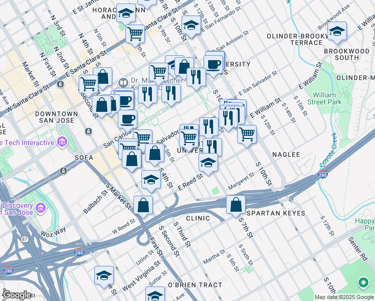 map of restaurants, bars, coffee shops, grocery stores, and more near 463 South 7th Street in San Jose