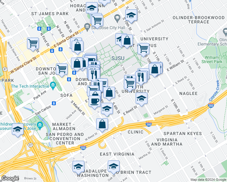 map of restaurants, bars, coffee shops, grocery stores, and more near 230 East San Salvador Street in San Jose