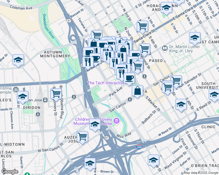 map of restaurants, bars, coffee shops, grocery stores, and more near 134 Almaden Boulevard in San Jose