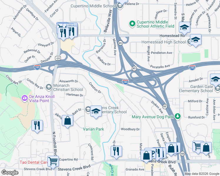 map of restaurants, bars, coffee shops, grocery stores, and more near 10621 Madera Drive in Cupertino