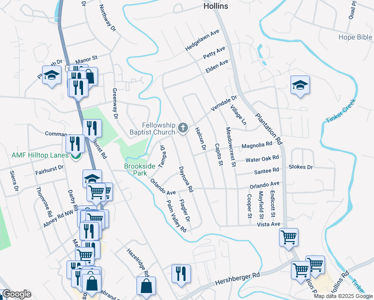 map of restaurants, bars, coffee shops, grocery stores, and more near 5612 Oakland Boulevard in Roanoke