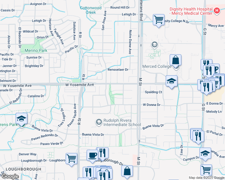 map of restaurants, bars, coffee shops, grocery stores, and more near 773 Junipero Court in Merced
