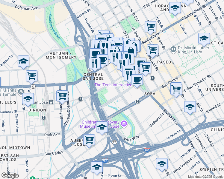 map of restaurants, bars, coffee shops, grocery stores, and more near 151 Almaden Boulevard in San Jose