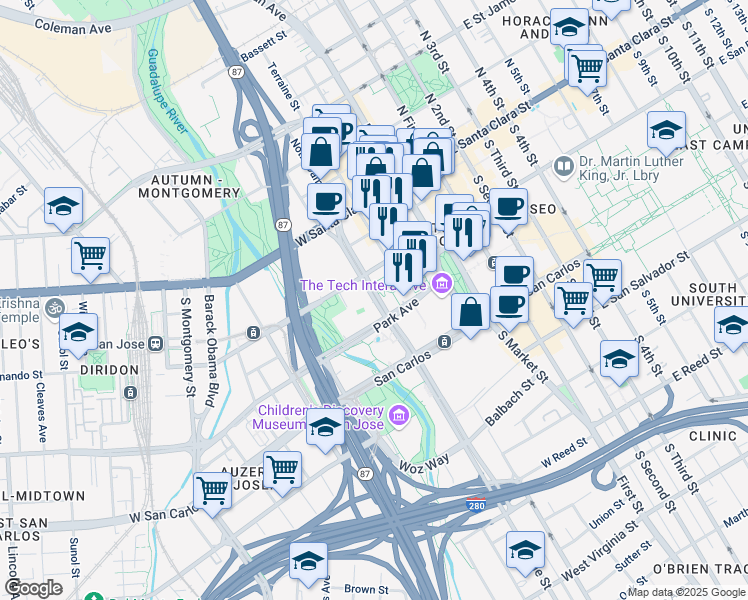 map of restaurants, bars, coffee shops, grocery stores, and more near 151 Almaden Boulevard in San Jose