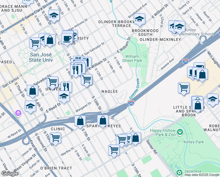 map of restaurants, bars, coffee shops, grocery stores, and more near 680 South 12th Street in San Jose