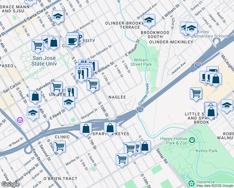 map of restaurants, bars, coffee shops, grocery stores, and more near 680 South 12th Street in San Jose
