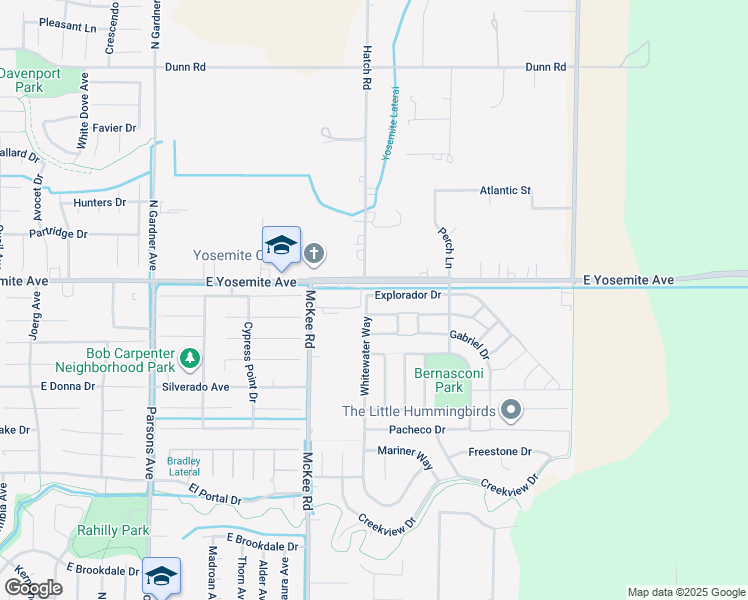 map of restaurants, bars, coffee shops, grocery stores, and more near 2318 Explorador Drive in Merced
