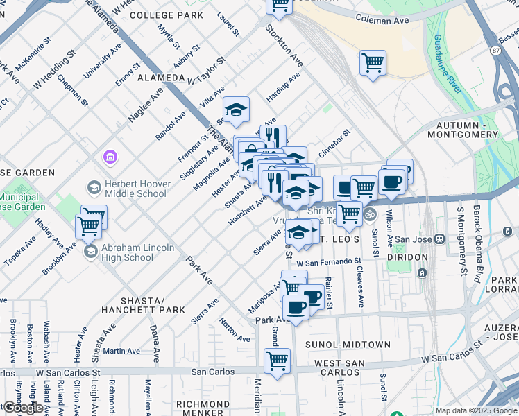 map of restaurants, bars, coffee shops, grocery stores, and more near 1150 Hanchett Avenue in San Jose