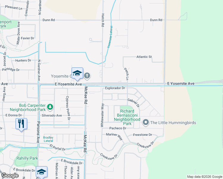 map of restaurants, bars, coffee shops, grocery stores, and more near 2329 Explorador Drive in Merced