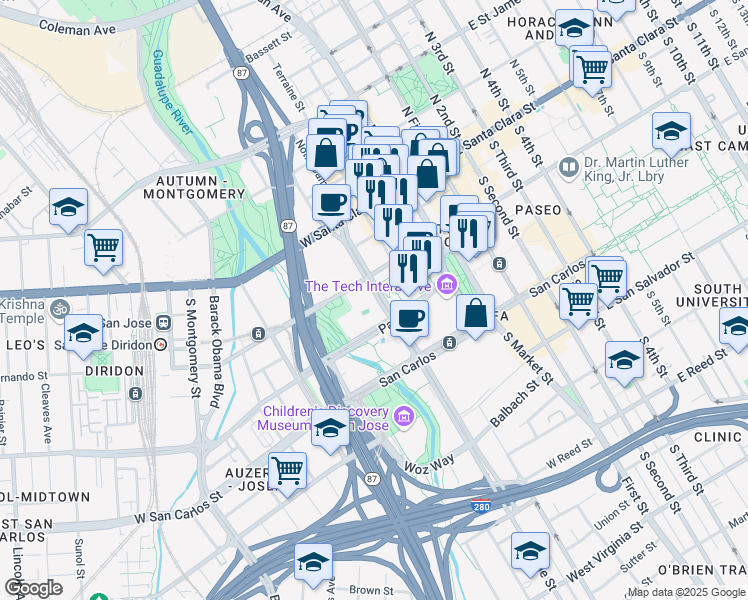 map of restaurants, bars, coffee shops, grocery stores, and more near 151 Almaden Boulevard in San Jose