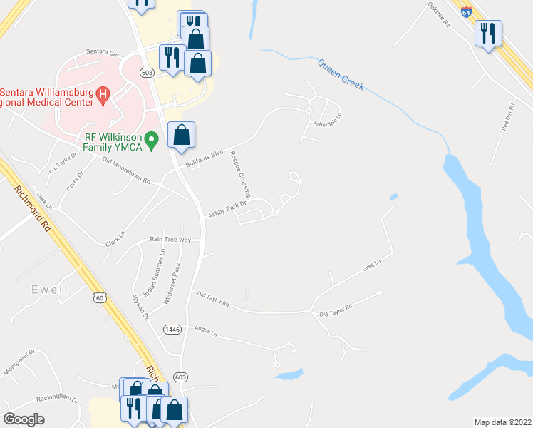 map of restaurants, bars, coffee shops, grocery stores, and more near 300 Ashby Park Drive in Williamsburg