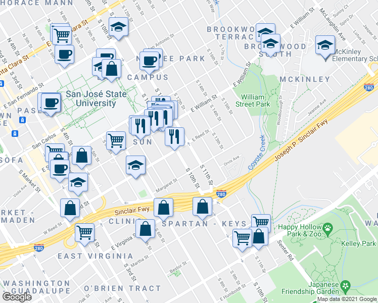map of restaurants, bars, coffee shops, grocery stores, and more near 485 East Reed Street in San Jose