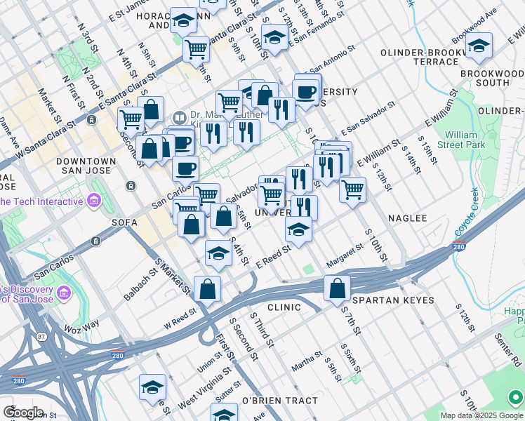map of restaurants, bars, coffee shops, grocery stores, and more near 463 South 7th Street in San Jose