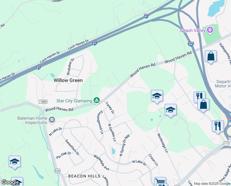 map of restaurants, bars, coffee shops, grocery stores, and more near 7949 Wood Haven Rd in Roanoke